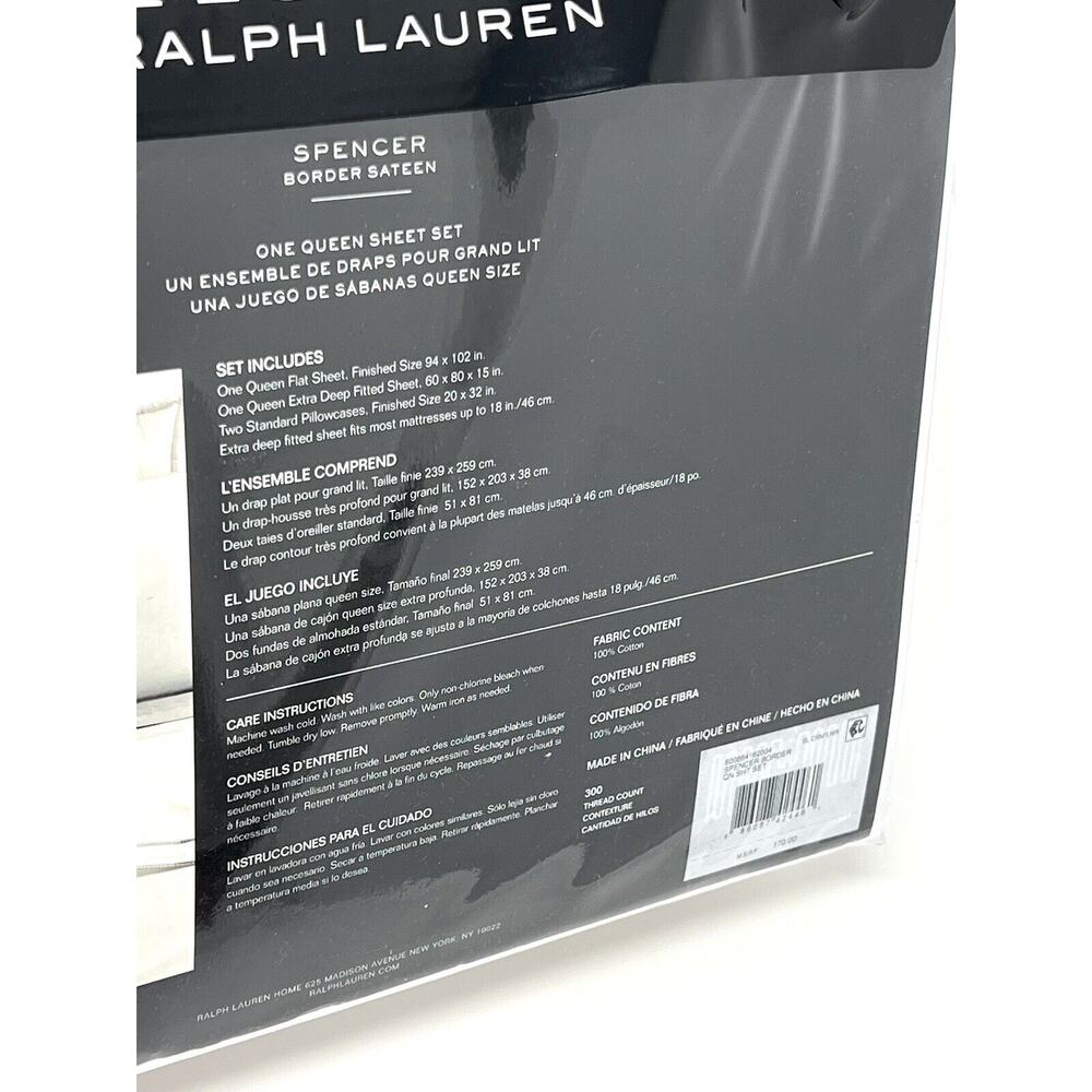 Ralph Lauren Spencer Border Sateen QUEEN Sheet Set Cornflower Blue White 4 Pcs - Picture 6 of 9